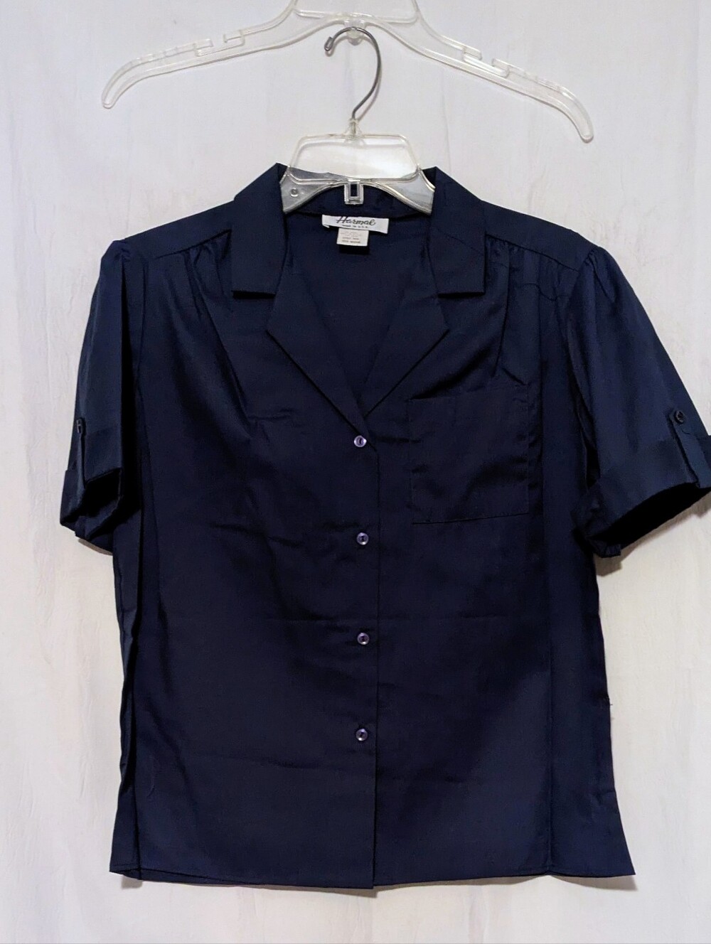 Harmal Navy Short Sleeve Button Front Blouse Size Medium NWOT